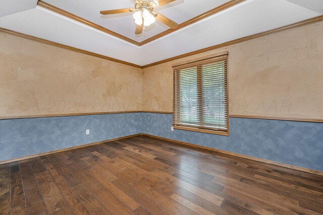 7502 Tripp Ave, Amarillo, TX 79121 - unfurnished room featuring wood-type flooring, a ceiling fan, a tray ceiling, wallpapered walls, and crown molding