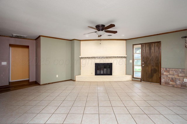 3729 Wayne St, Amarillo, TX 79109 - unfurnished living room featuring ceiling fan, a glass covered fireplace, and crown molding