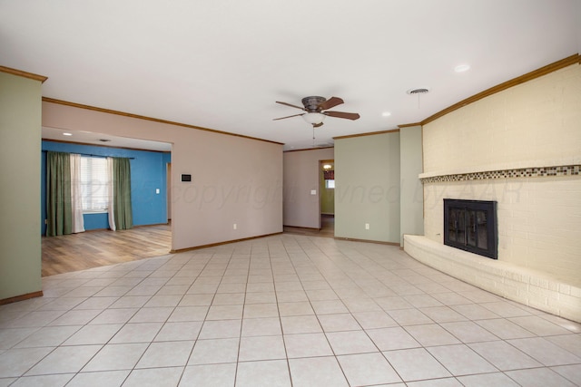 3729 Wayne St, Amarillo, TX 79109 - unfurnished living room featuring crown molding, a ceiling fan, a fireplace, light wood-style flooring, and recessed lighting