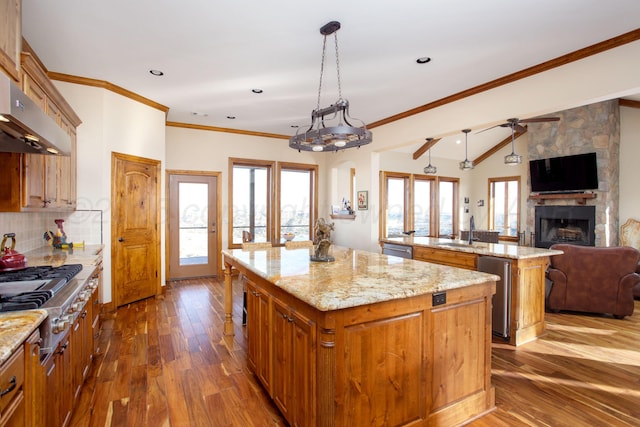 kitchen with a kitchen island, stainless steel appliances, open floor plan, and a sink