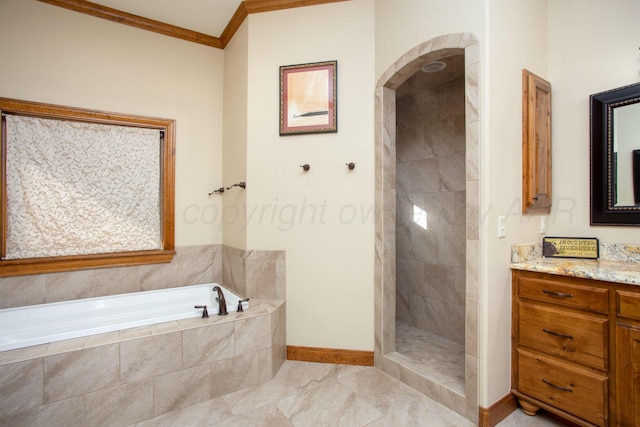full bathroom featuring a bath, crown molding, a walk in shower, baseboards, and vanity