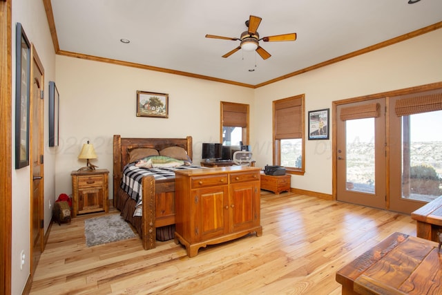 bedroom featuring crown molding, access to outside, multiple windows, and light wood-style floors