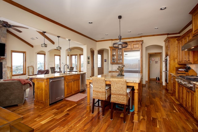 kitchen with open floor plan, ceiling fan, dark wood-style floors, a center island with sink, and stainless steel appliances