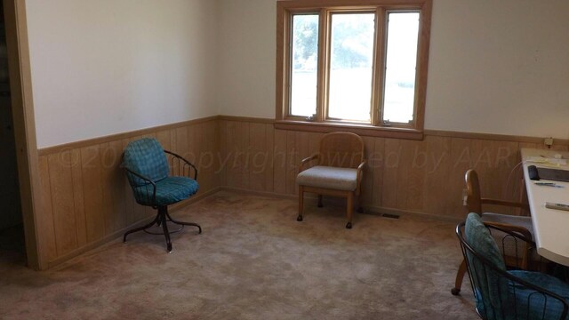 sitting room with wood walls and light colored carpet