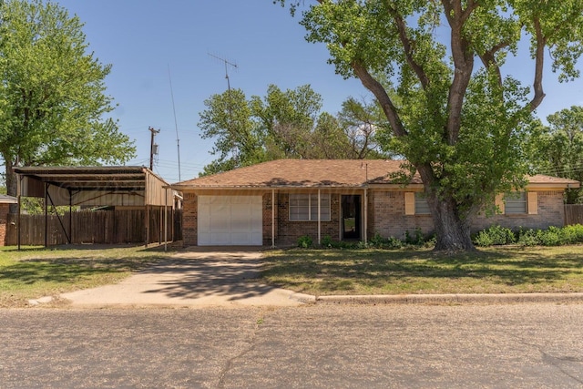 ranch-style home featuring an attached garage, brick siding, fence, driveway, and a front yard