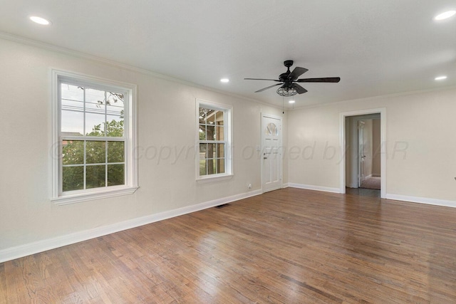 3201 S Grand St, Amarillo, TX 79103 - unfurnished room with ornamental molding, wood finished floors, recessed lighting, and ceiling fan