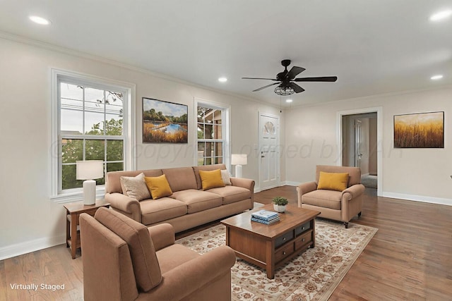 3201 S Grand St, Amarillo, TX 79103 - living area with ornamental molding, wood finished floors, recessed lighting, and ceiling fan