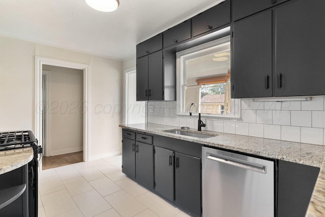 3201 S Grand St, Amarillo, TX 79103 - kitchen with stainless steel dishwasher, range with gas cooktop, dark cabinetry, and ornamental molding