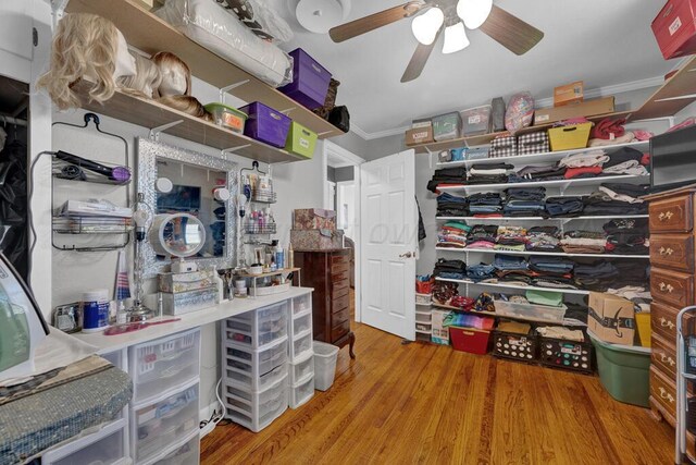 storage area featuring ceiling fan