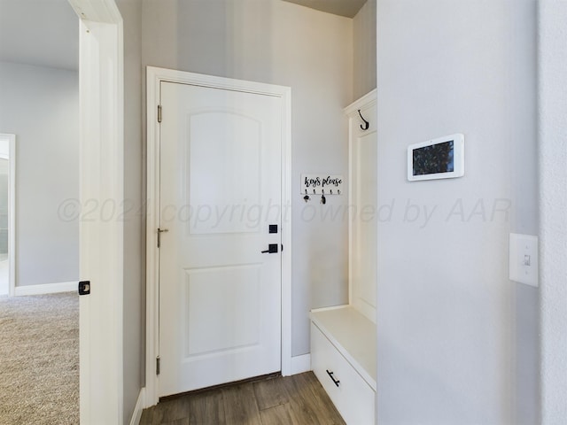 mudroom with baseboards and dark wood finished floors