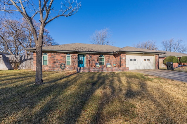 ranch-style house with a garage, brick siding, a shingled roof, concrete driveway, and a front lawn