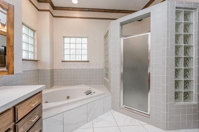 bathroom with vanity, plus walk in shower, crown molding, and beam ceiling