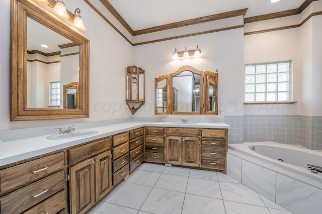 bathroom featuring tiled bath, vanity, and crown molding