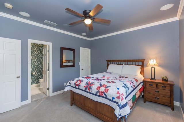 4511 Spartanburg Dr, Amarillo, TX 79119 - carpeted bedroom featuring baseboards, crown molding, connected bathroom, and ceiling fan