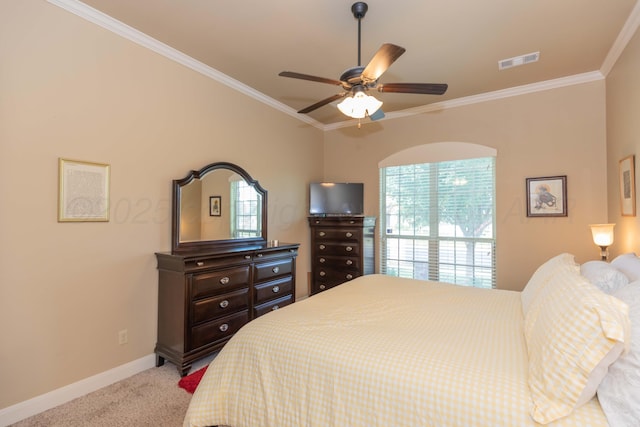 7409 Columbus Dr, Amarillo, TX 79118 - bedroom featuring multiple windows, carpet flooring, ornamental molding, and ceiling fan