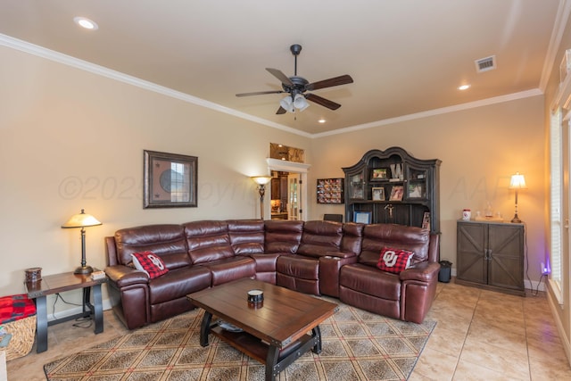 7409 Columbus Dr, Amarillo, TX 79118 - living room with ceiling fan, tile patterned floors, ornamental molding, and recessed lighting