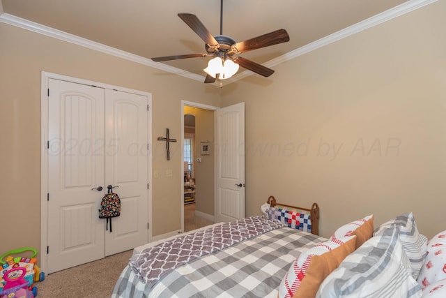 7409 Columbus Dr, Amarillo, TX 79118 - carpeted bedroom with crown molding, a closet, and a ceiling fan