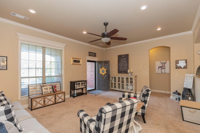 7409 Columbus Dr, Amarillo, TX 79118 - living room featuring light colored carpet, ornamental molding, a ceiling fan, and recessed lighting