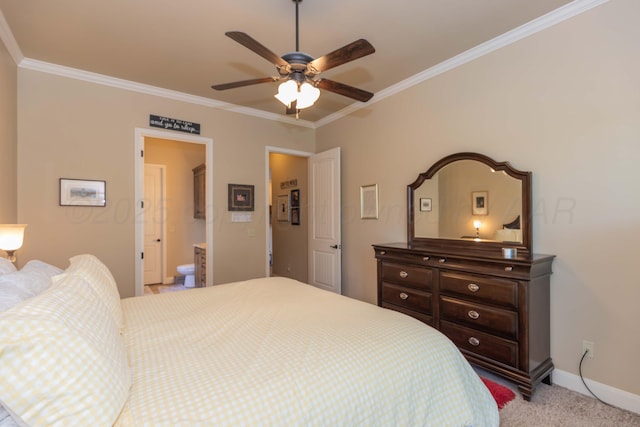 7409 Columbus Dr, Amarillo, TX 79118 - bedroom with ornamental molding, carpet, ensuite bathroom, and a ceiling fan