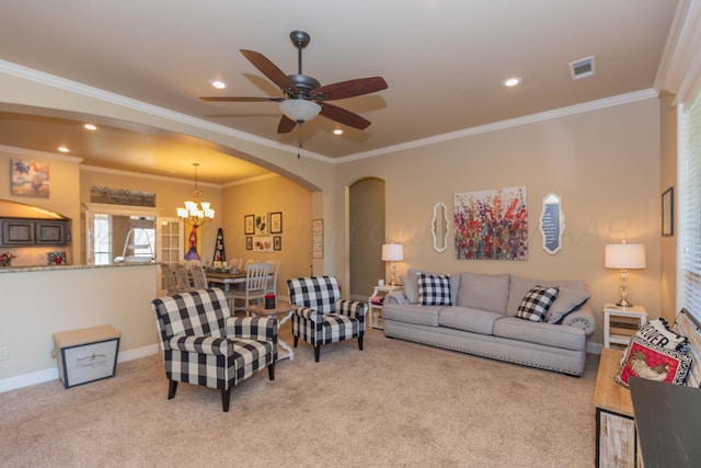 7409 Columbus Dr, Amarillo, TX 79118 - living area featuring carpet floors, a chandelier, a ceiling fan, arched walkways, and recessed lighting