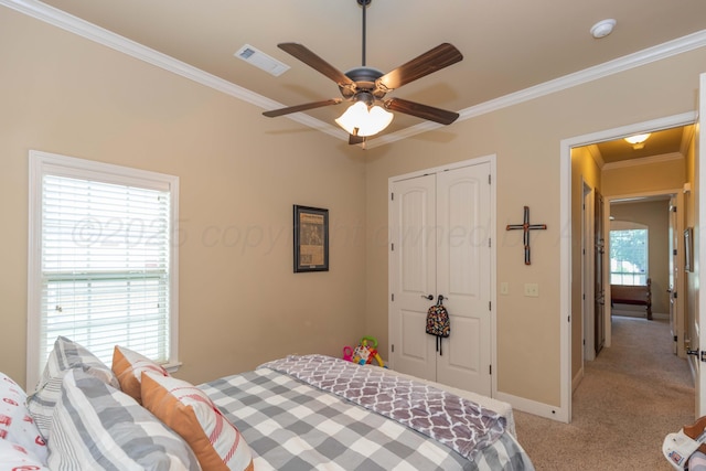 7409 Columbus Dr, Amarillo, TX 79118 - bedroom featuring ornamental molding, carpet floors, a closet, and a ceiling fan