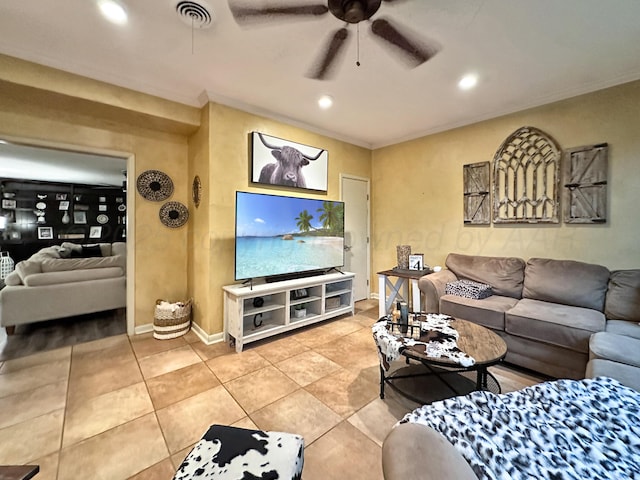 1417 Bluebonnet St, Borger, TX 79007 - living room with ceiling fan, recessed lighting, crown molding, and light tile patterned flooring
