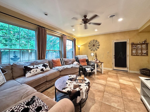 1417 Bluebonnet St, Borger, TX 79007 - living room with ornamental molding, a ceiling fan, baseboards, light tile patterned floors, and recessed lighting