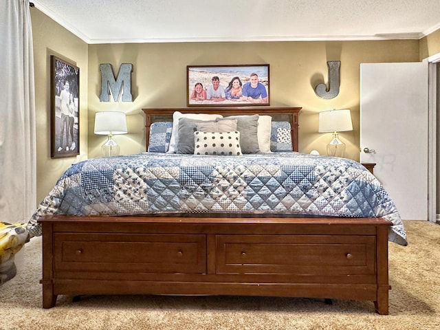 1417 Bluebonnet St, Borger, TX 79007 - bedroom featuring carpet floors, ornamental molding, and a textured ceiling