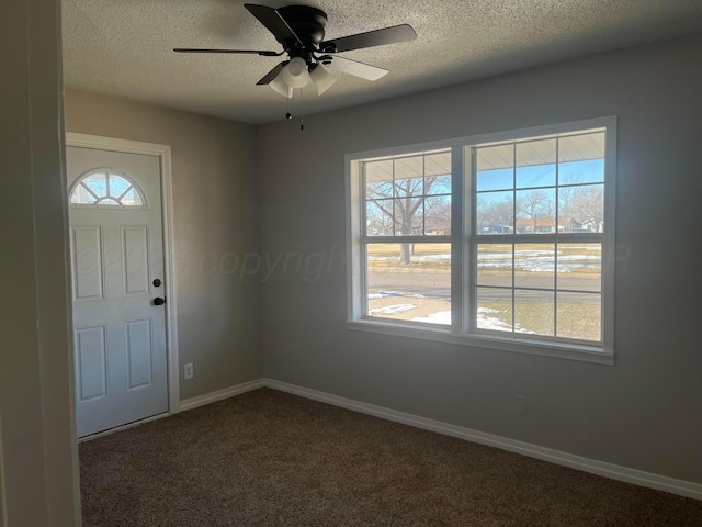 carpeted foyer entrance with a textured ceiling, ceiling fan, and plenty of natural light