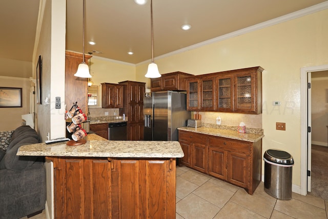 kitchen featuring appliances with stainless steel finishes, hanging light fixtures, ornamental molding, kitchen peninsula, and light tile patterned flooring