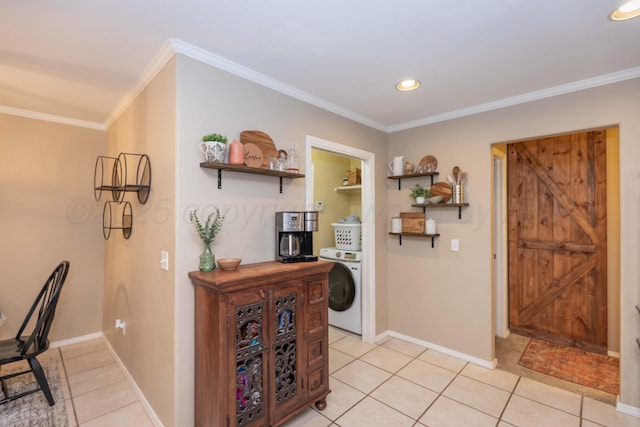 8507 Barstow Dr, Amarillo, TX 79118 - entryway featuring washer / clothes dryer, light tile patterned floors, ornamental molding, and recessed lighting
