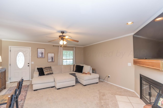 8507 Barstow Dr, Amarillo, TX 79118 - living room with a fireplace with flush hearth, a ceiling fan, carpet flooring, ornamental molding, and recessed lighting