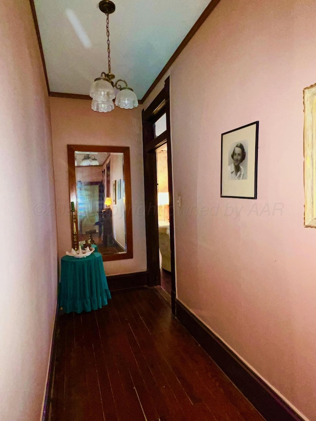 hall with a notable chandelier, dark wood-type flooring, and ornamental molding