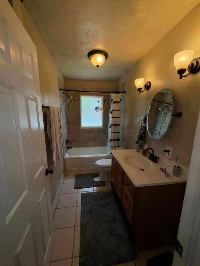 bathroom featuring shower / bathtub combination with curtain, toilet, tile patterned flooring, vanity, and a textured ceiling