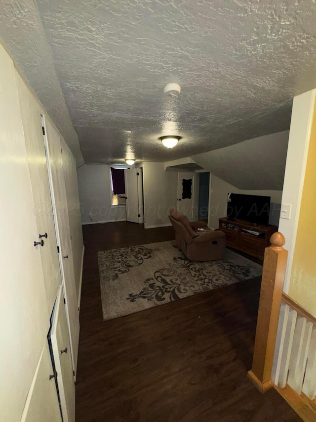 living area featuring wood finished floors, a textured ceiling, and vaulted ceiling