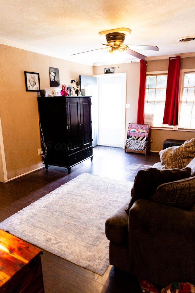 1611 S Palo Duro St, Amarillo, TX 79106 - living area with wood finished floors, ceiling fan, and crown molding
