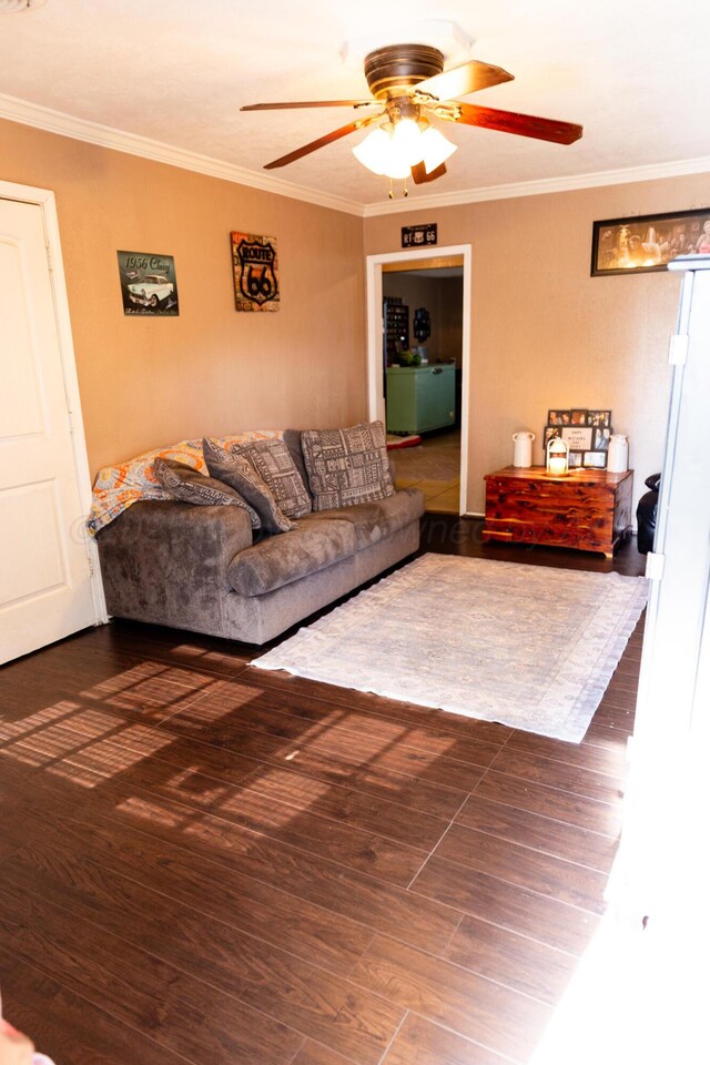 1611 S Palo Duro St, Amarillo, TX 79106 - living room featuring a ceiling fan, ornamental molding, and wood finished floors