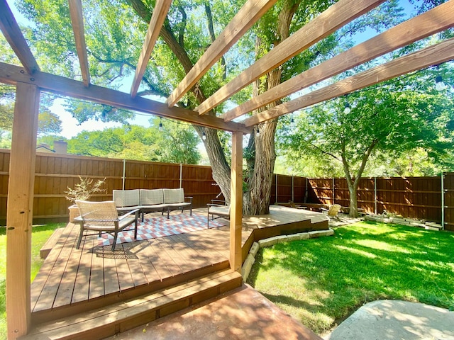 view of patio / terrace with a wooden deck, outdoor lounge area, and a pergola