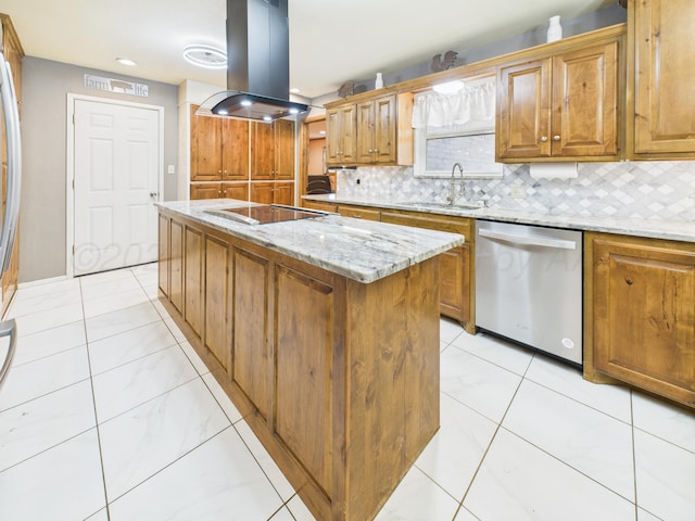 2600 Comanche Trl, Pampa, TX 79065 - kitchen featuring stainless steel dishwasher, island exhaust hood, black electric cooktop, tasteful backsplash, and recessed lighting