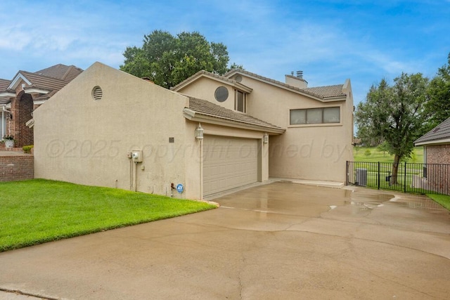 25 Crenshaw St, Amarillo, TX 79124 - view of side of home featuring stucco siding, a chimney, an attached garage, and driveway