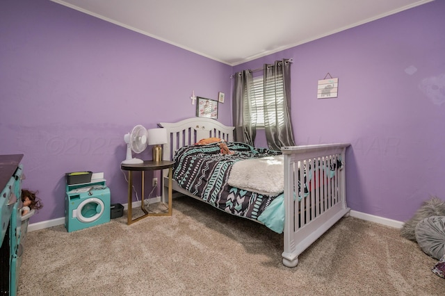 carpeted bedroom featuring crown molding