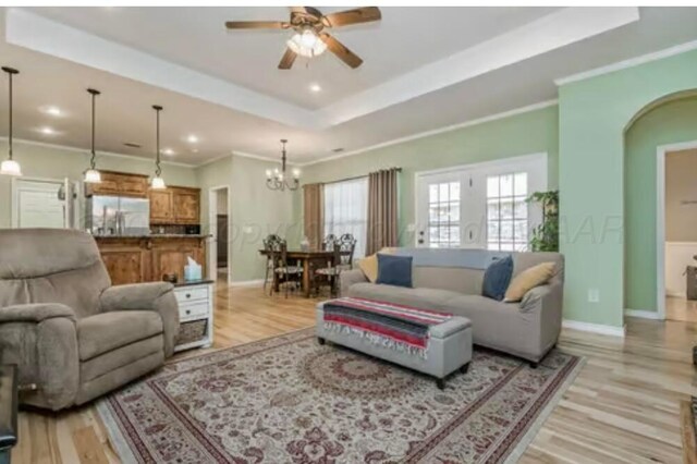 4014 Willow St, Amarillo, TX 79118 - living area with a tray ceiling, ceiling fan, light wood-style flooring, baseboards, and arched walkways