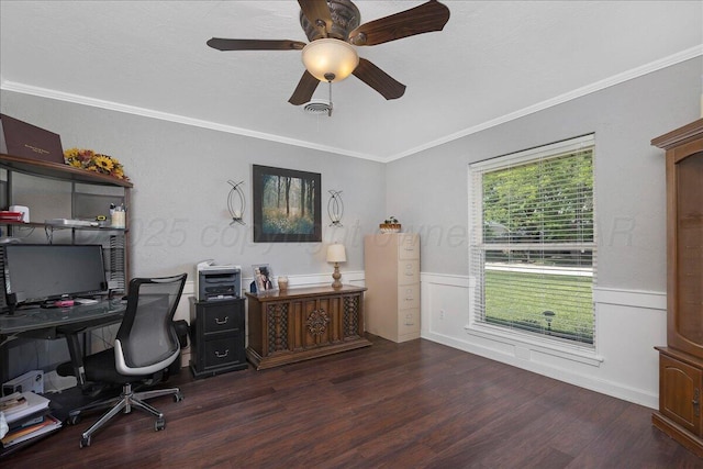4022 Pinehurst Dr, Amarillo, TX 79109 - office area featuring crown molding, wood finished floors, wainscoting, and ceiling fan