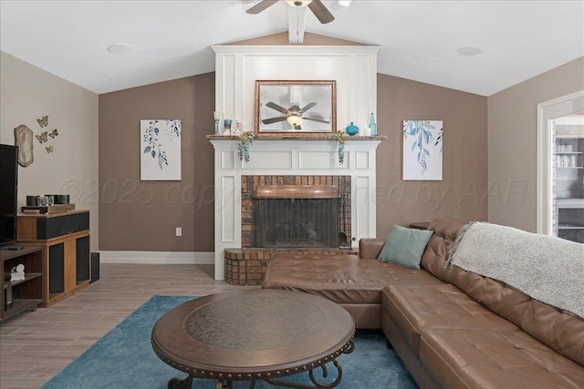 4022 Pinehurst Dr, Amarillo, TX 79109 - living area featuring a ceiling fan, light wood finished floors, lofted ceiling, baseboards, and a brick fireplace
