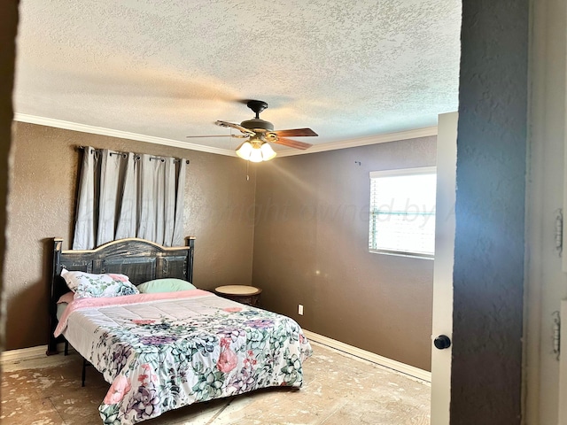 1207 Lee St, Borger, TX 79007 - bedroom with crown molding, a textured ceiling, a ceiling fan, a textured wall, and baseboards
