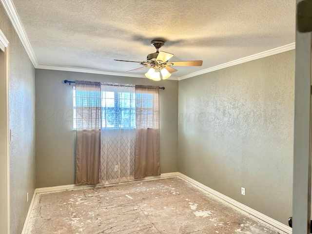 1207 Lee St, Borger, TX 79007 - unfurnished room featuring ornamental molding, a textured wall, a textured ceiling, baseboards, and ceiling fan