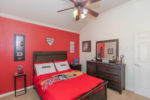 bedroom with lofted ceiling, light carpet, baseboards, and ornamental molding