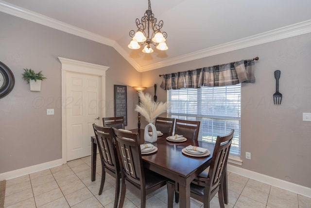 dining room featuring baseboards, a notable chandelier, ornamental molding, and light tile patterned flooring