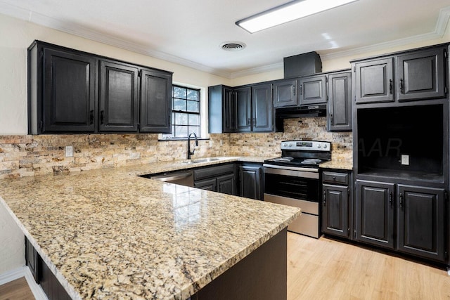 5207 While A Way Rd, Amarillo, TX 79109 - kitchen with appliances with stainless steel finishes, a peninsula, dark cabinetry, under cabinet range hood, and crown molding