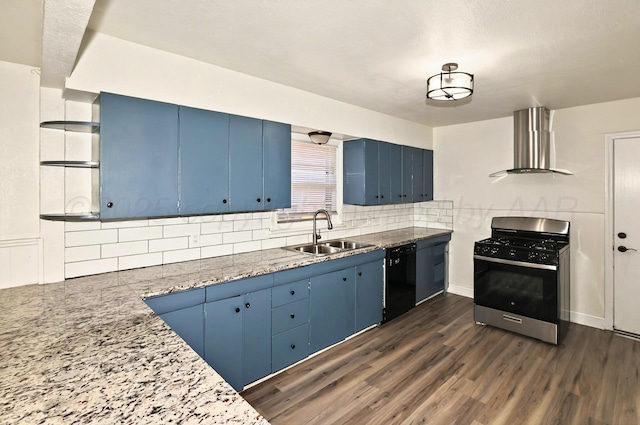 1603 SW 35th Ave, Amarillo, TX 79109 - kitchen with wall chimney range hood, gas range, blue cabinets, a sink, and black dishwasher